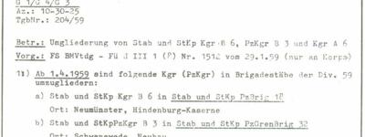 Befehl zur Umgliederung Kampfgruppe B6 zu Panzerbrigade 18 (05.02.1959)
