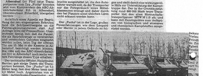 Zeitungsartikel: Die neuen Spürpanzer Fuchs kommen in Albersdorf an (1983)