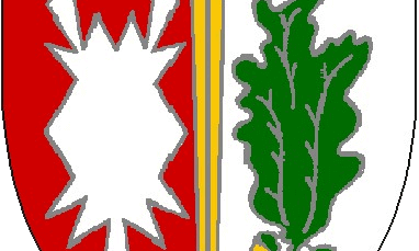 Ein Wappen zeigt eine weiße Schneeflocke, ein gelbes Schwert und ein grünes Eichenblatt mit der Zahl 512 oben.