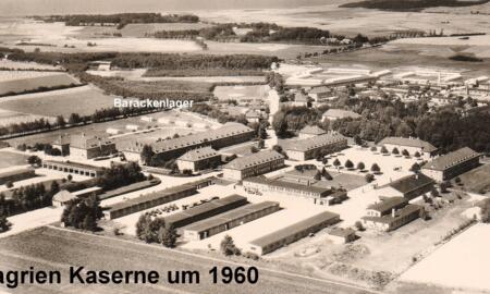 Luftbild der Wagrien-Kaserne um 1969. Oben rechts befeindet sich das alte Lager "Übende Truppen"