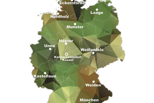 Eine Karte Deutschlands mit markierten Städten bewirbt den "Tag der Bundeswehr" am 6. Juni 2026.