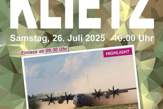 Plakat für den Tag der offenen Tür 2025 in Klietz mit Bild einer landenden C-130J auf einem Feldflugplatz.