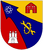 Ein Wappen zeigt ein Zahnrad, ein Gebäude, ein Atom-Symbol und eine Burg auf einem dreifarbigen Hintergrund.