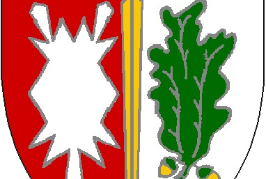 Ein Wappen zeigt eine weiße Schneeflocke, ein gelbes Schwert und ein grünes Eichenblatt mit der Zahl 512 oben.