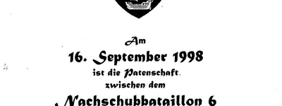Patenschaftsurkunde vom 16. September 1998 zwischen Nachschubbataillon 6 und Nachschubbataillon 620 mit Wappen.