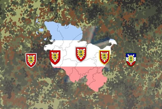 Eine Deutschlandkarte mit Wappen und Tarnmuster zeigt verschiedene Regionen und symbolisiert ihre Zugehörigkeit.